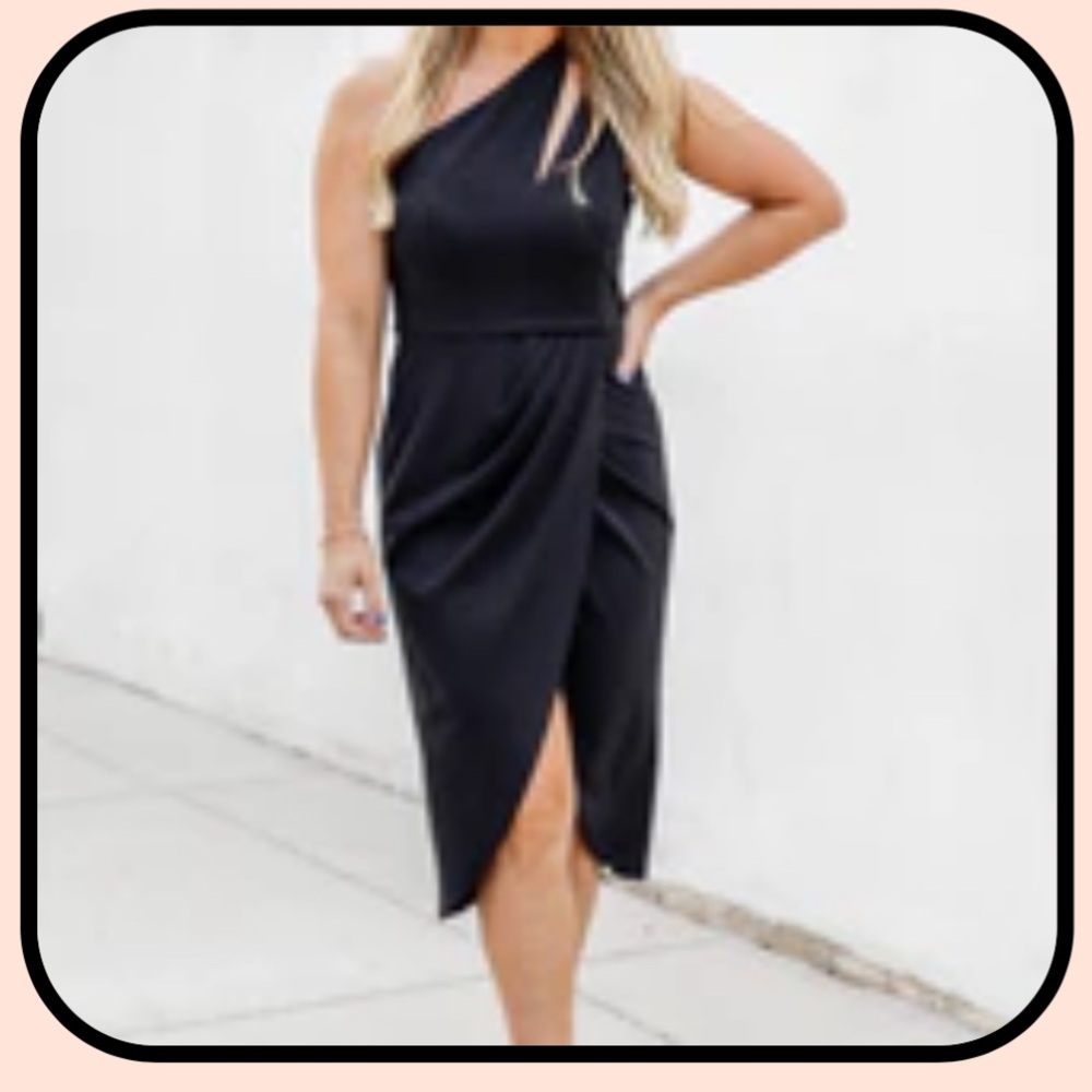 2 for $20 Bundle and Save Pink Lily Elegant Black One-Shoulder Dress